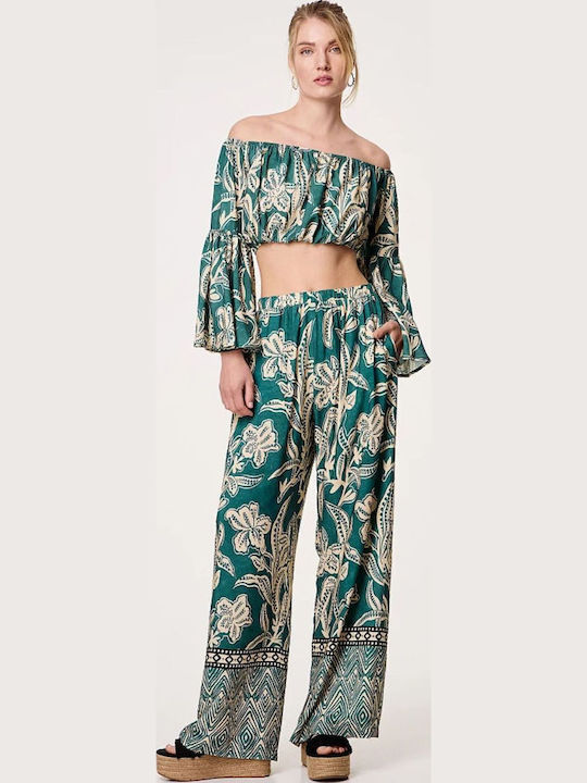 Women's High-waisted Fabric Trousers with Elastic Green