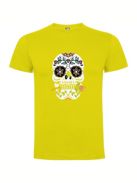 iLovePrints Blooming Cigarette Skull T-shirt Yellow