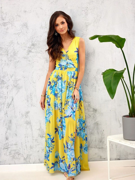 Roco Fashion Maxi Βραδινό Φόρεμα με Διαφάνεια Ροζ