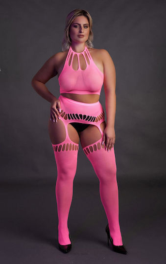 Boss Of Toys Sexy Σετ Εσωρούχων Διχτυωτό με Ζαρτιέρες Ροζ Plus Size