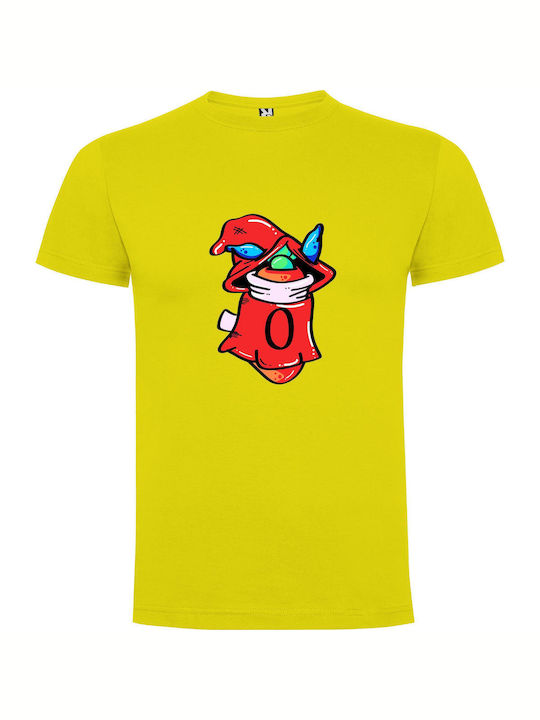 iLovePrints Red-hooded Cartoon Wizard T-shirt Κίτρινο