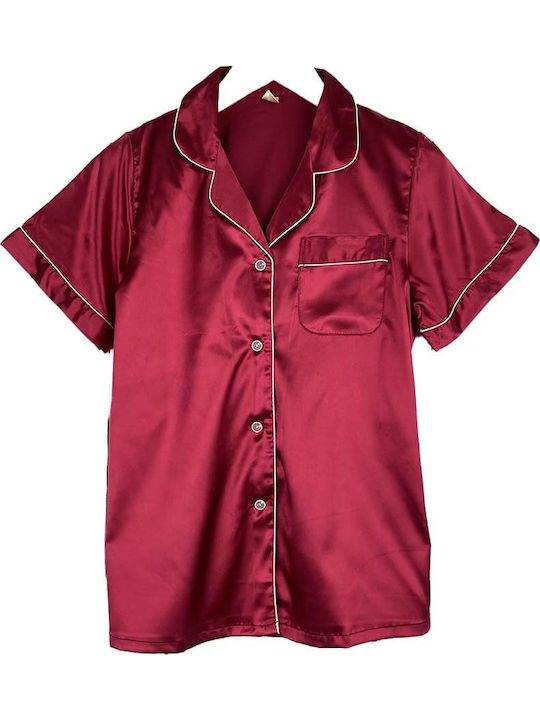 Women's Satin Pajama Set Short Sleeve Shirt Shorts Slim Fit Burgundy