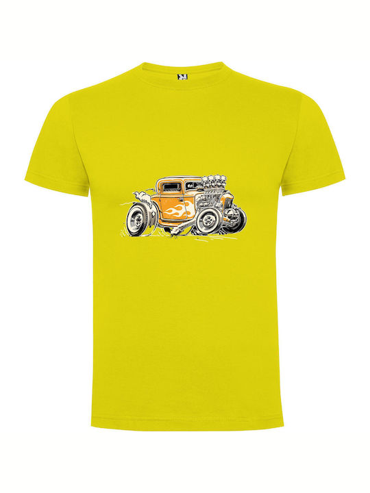 iLovePrints Flaming Vintage Hotrod T-shirt Yellow