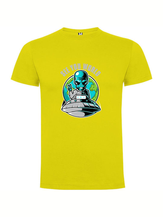 iLovePrints Astro-sitting Reptilian Alien T-shirt Κίτρινο