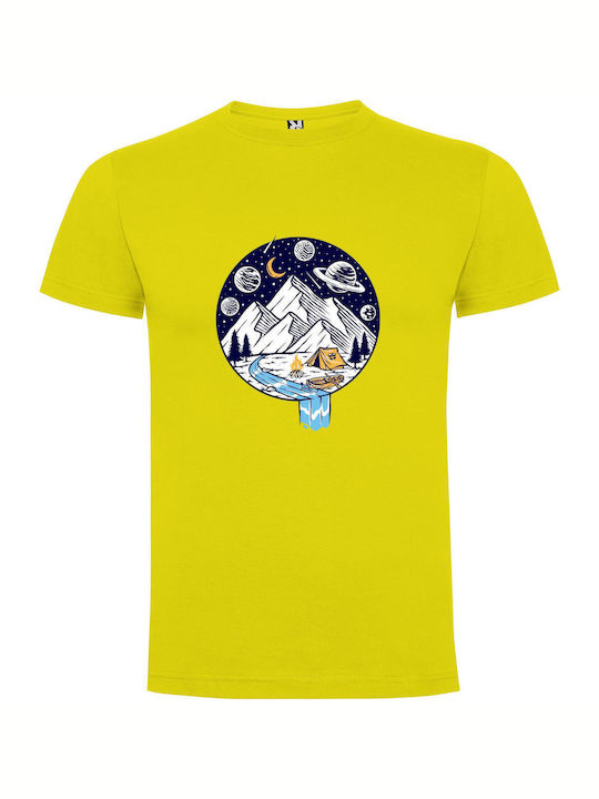 iLovePrints Cosmic Mountain Camping T-shirt Yellow