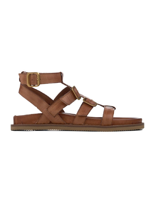 Commanchero Original Leder Damen Flache Sandalen Anatomisch Gladiator in Tabac Braun Farbe