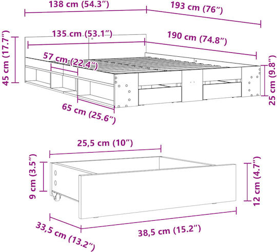King Size Wooden Brown Bed with Slats for Mattress 190x190cm