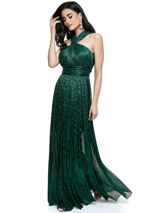 Φόρεμα Παρτούς Ώμους Μεταλλική Λάμψη Πράσινη Απόχρωση