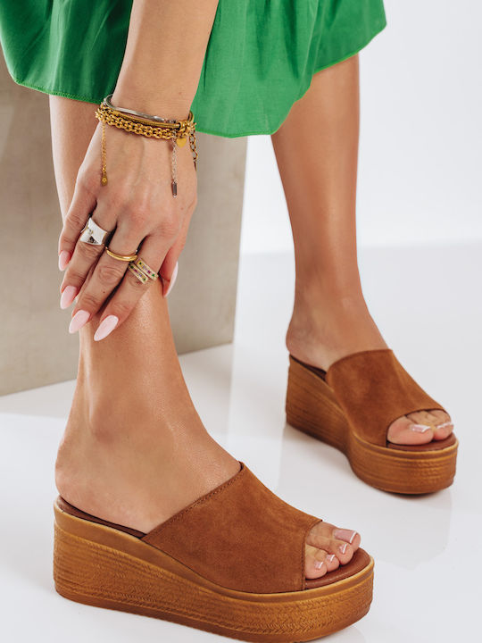 Tan Suede Wide Strap Platforms