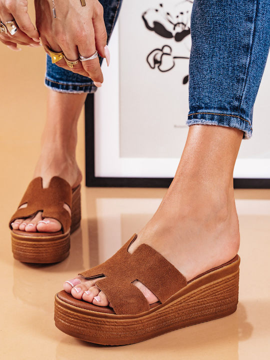 Tan Suede Wide Strap Platforms