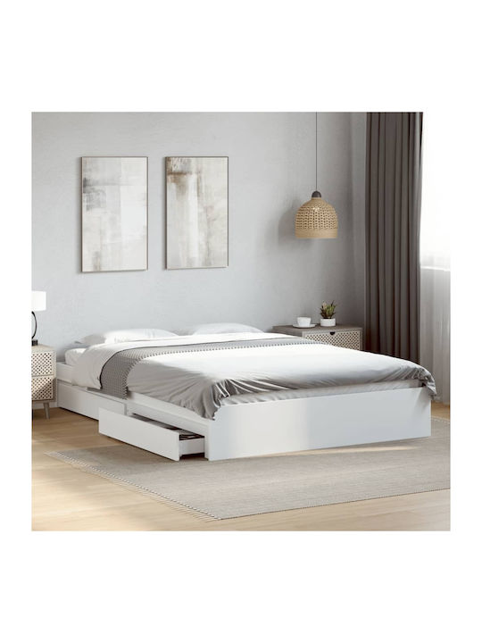 Κρεβάτι Υπέρδιπλο Ξύλινο Λευκό με Αποθηκευτικό Χώρο & Τάβλες για Στρώμα 160x200cm