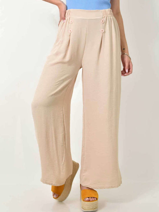 High-Waisted Beige Trousers with Buttons 24209