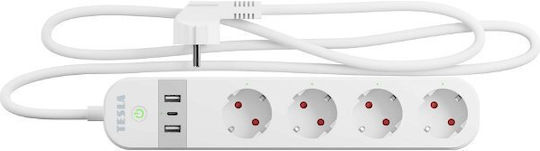 Tesla Inteligent Bandă de alimentare 4 Prize cu USB-A, USB-C și Cablu 2m