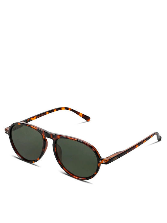 Twig Thiele Unisex Sunglasses with Brown Tartaruga Plastic Frame and Green Lens THS11