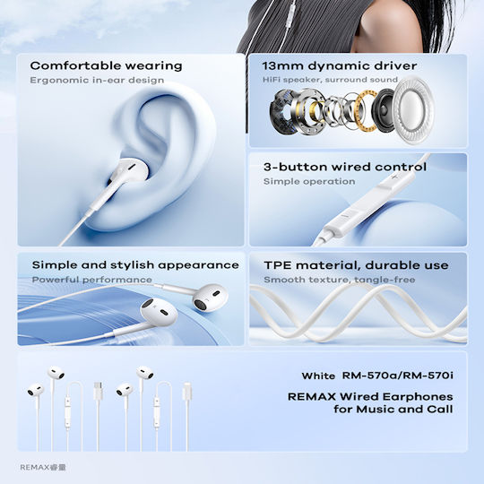 Remax Rm-570a Handsfree cu două căști cu mufă USB-C Alb