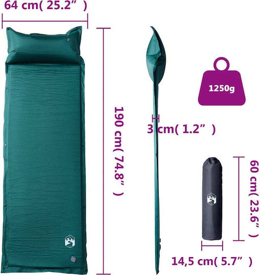 vidaXL Αυτοφούσκωτο Μονό Υπόστρωμα Camping 190x64cm Πάχους 3cm Πράσινο