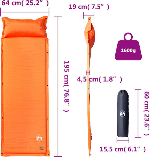 vidaXL Self-Inflating Single Camping Sleeping Mat 190x64cm Thickness 4.5cm in Orange color