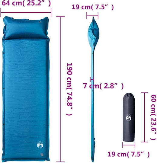 vidaXL Self-Inflating Single Camping Sleeping Mat 190x64cm Thickness 7cm in Turquoise color