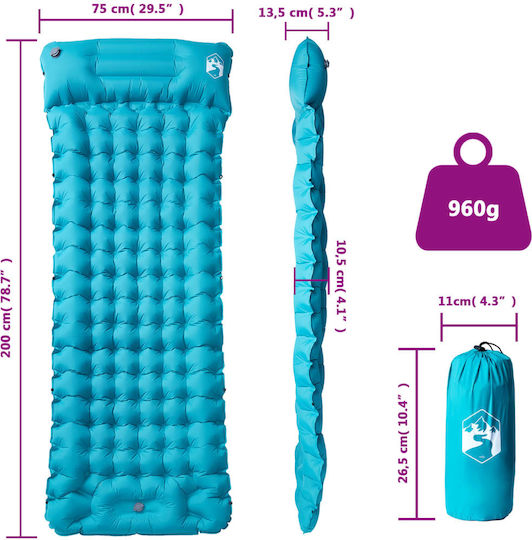vidaXL Selbstaufblasendes Halb doppelt Camping Schlafmatte 200x75cm Dicke 10,5cm Blau