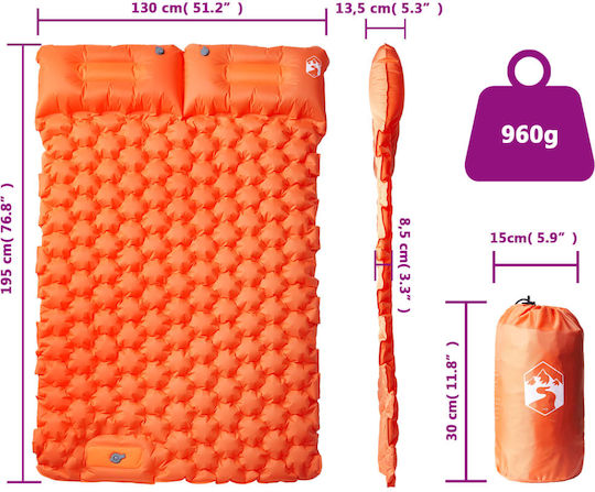 vidaXL Αυτοφούσκωτο Διπλό Υπόστρωμα Camping 195x130cm Πάχους 8.5cm Πορτοκαλί
