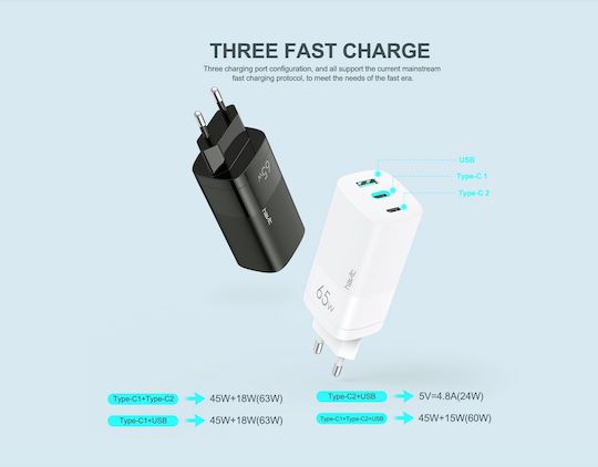 Havit Charger Without Cable with USB-A Port and 2 USB-C Ports 65W Power Delivery Blacks (UC10)