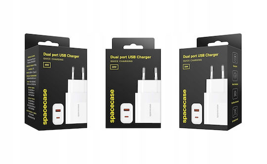 Spacecase Зарядно без кабел с USB-A порт и USB-C порт 20W Бял (Spacecase SC002W)