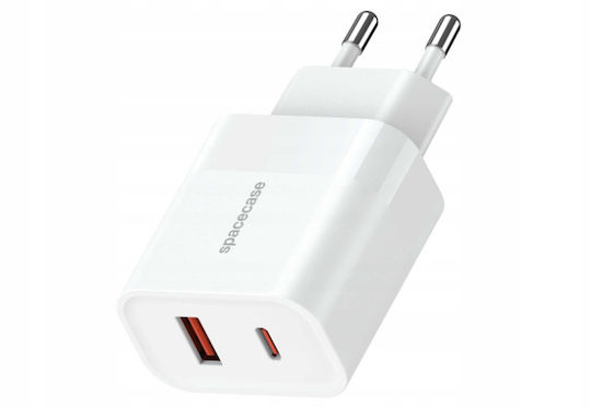 Spacecase Зарядно без кабел с USB-A порт и USB-C порт 20W Бял (Spacecase SC002W)