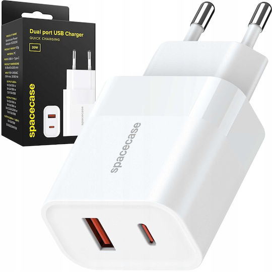 Spacecase Зарядно без кабел с USB-A порт и USB-C порт 20W Бял (Spacecase SC002W)