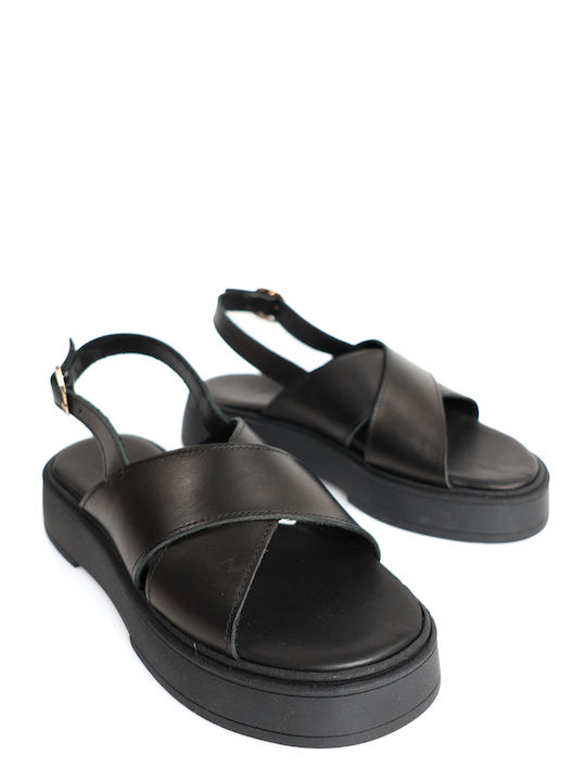 Μαύρα Δερμάτινα Flatforms Χιαστί Φάσα