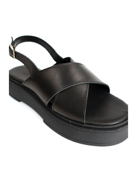 Μαύρα Δερμάτινα Flatforms Χιαστί Φάσα