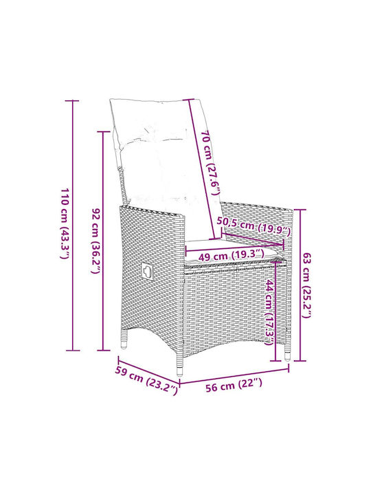 Fotoliu de exterior Rattan Bej cu pernă 2buc 49x50.5x92cm
