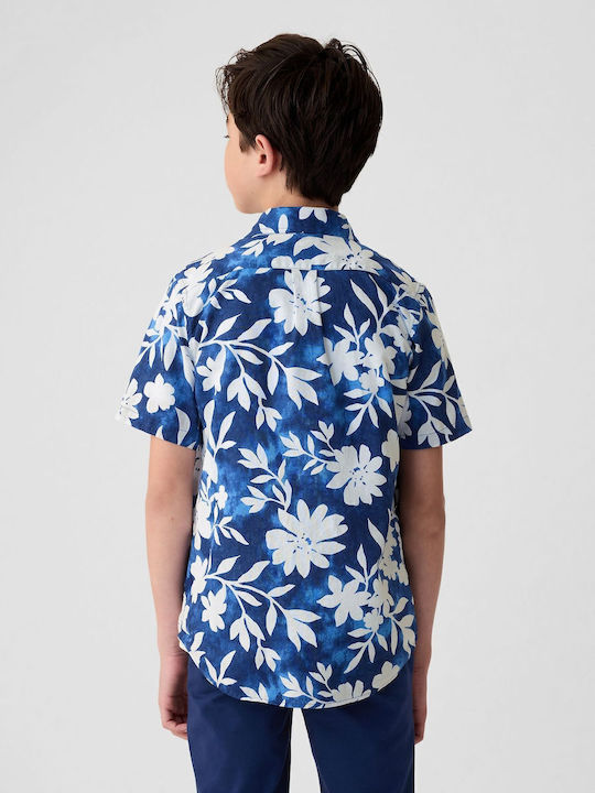 Kids Floral Shirt Short Sleeve Linen Blue