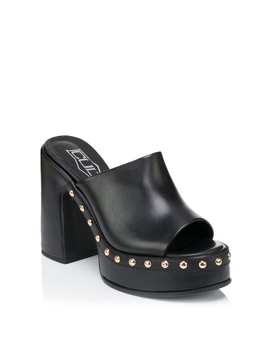 Cult Leder Mules mit Chunky Hoch Absatz in Schwarz Farbe