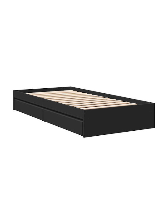 Single Wooden Black Bed Base with Slats for Mattress 75x190cm