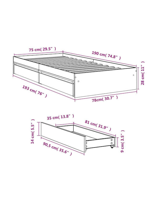 Single Wooden White Bed Base with Slats for Mattress 75x190cm