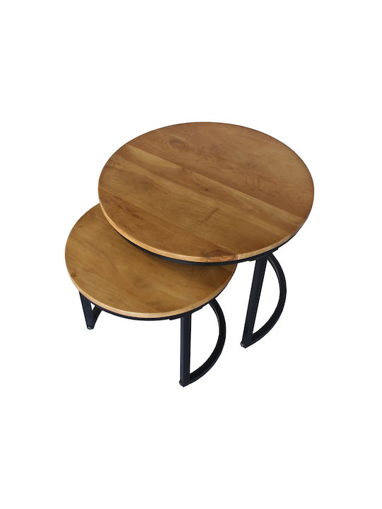 Round Side Table Mate from Solid Wood Natural Black 2pcs L54xW54xH42cm.