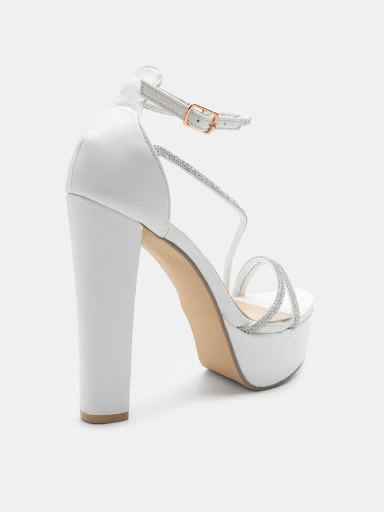 Luigi Platform Synthetic Leather Women's Sandals with Strass & Ankle Strap White with Low Heel