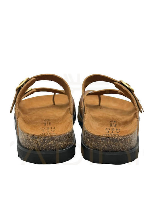 Leather Women's Flat Sandals in Tabac Brown Color