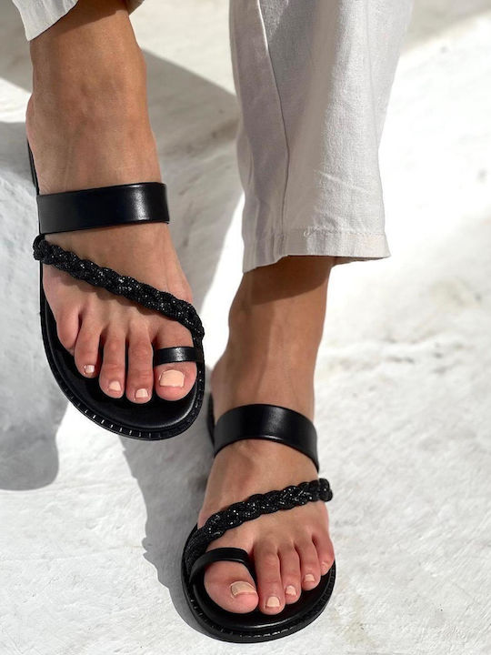 Leather Women's Flat Sandals in Black Color