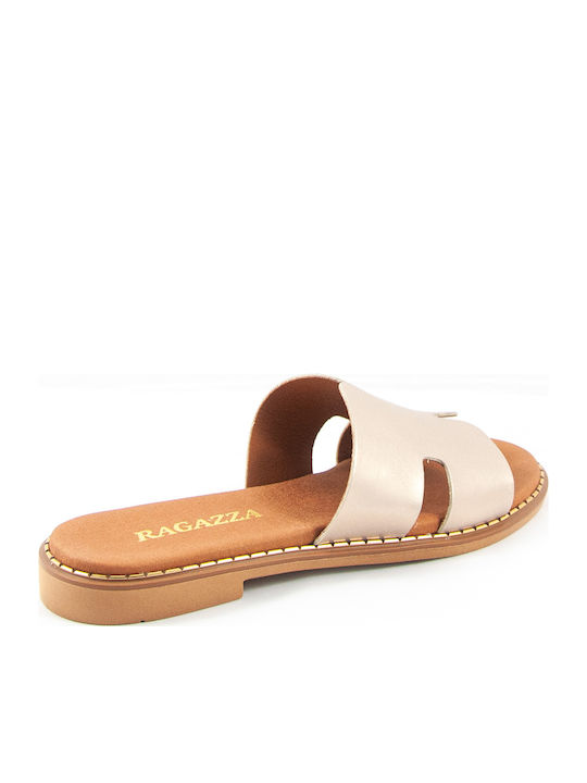 Leather Women's Flat Sandals in Beige Color