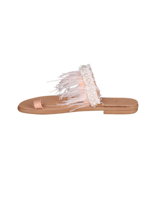 Katsenis Leather Women's Flat Sandals in Beige Color