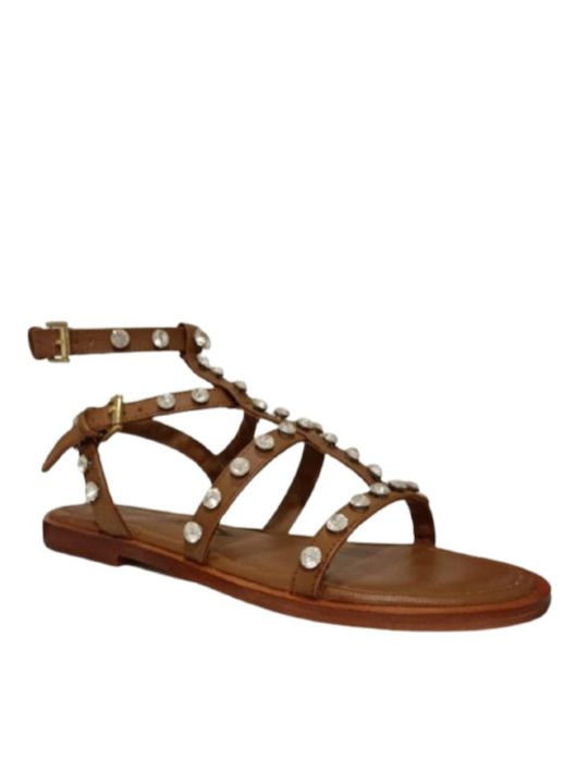 Emanuelle Vee Leather Women's Flat Sandals in Brown Color