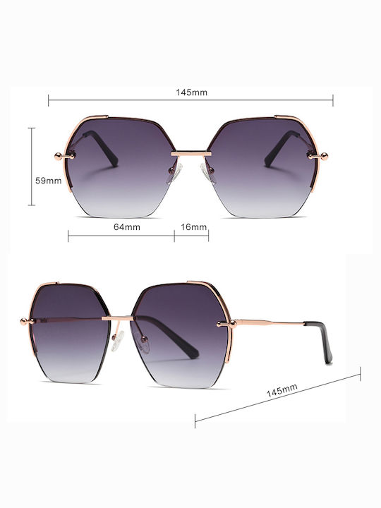 Techsuit Sonnenbrille 8561 Damen Metallrahmen Nylonlinse hexagonal Roségold Verlauf Grau