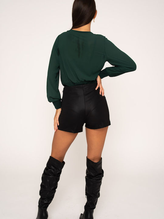 Faux Leather Button Shorts Black