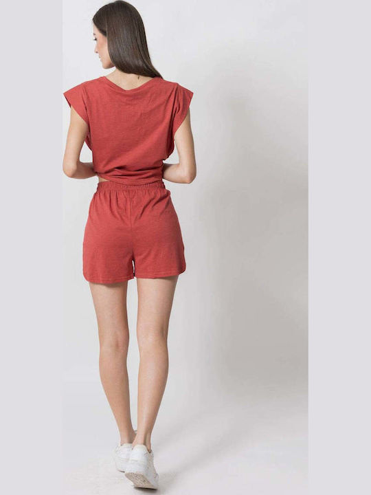 Set Crop Top Șorturi Roșu Cărămiziu