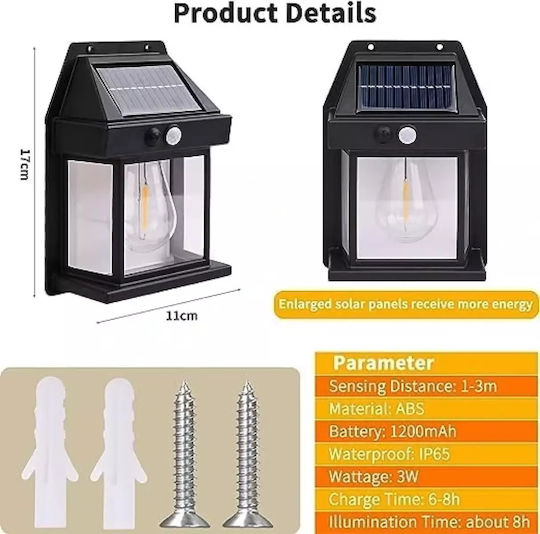 Wall Mounted Solar Light 1W Warm White 3000K with Motion Sensor IP65