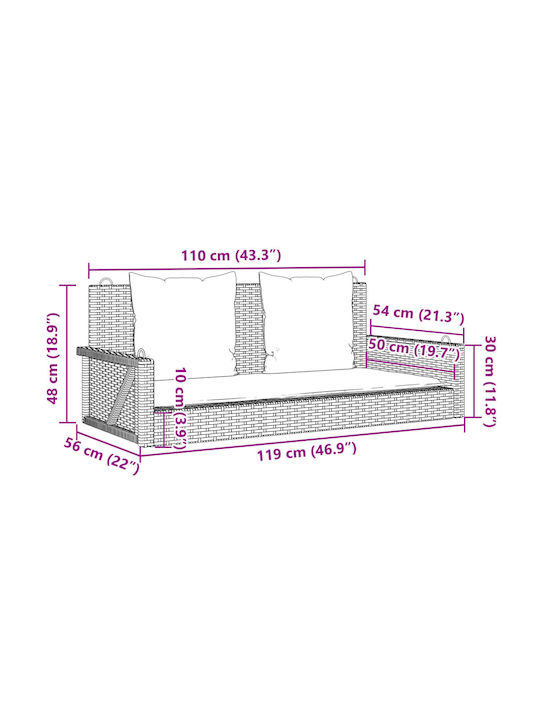 Leagăn suspendat cu pernă 2 sloturi Rattan Maro Rezistență până la 110kg L119xL56xH48cm