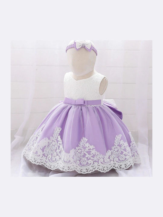 Rochie Fete Fără Mâneci Cu Dantelă Floral Set Cu Accesorii Lila
