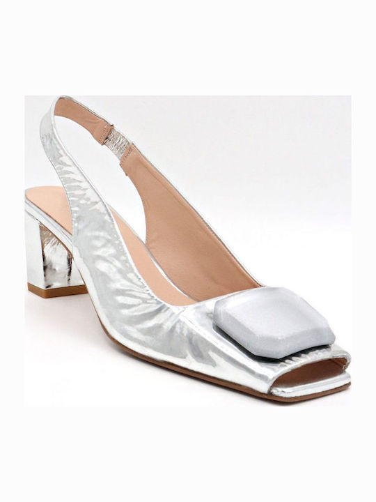Leather Silver Medium Heels with Strap