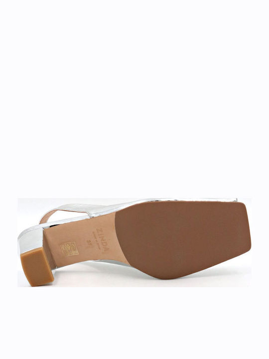 Leather Silver Medium Heels with Strap
